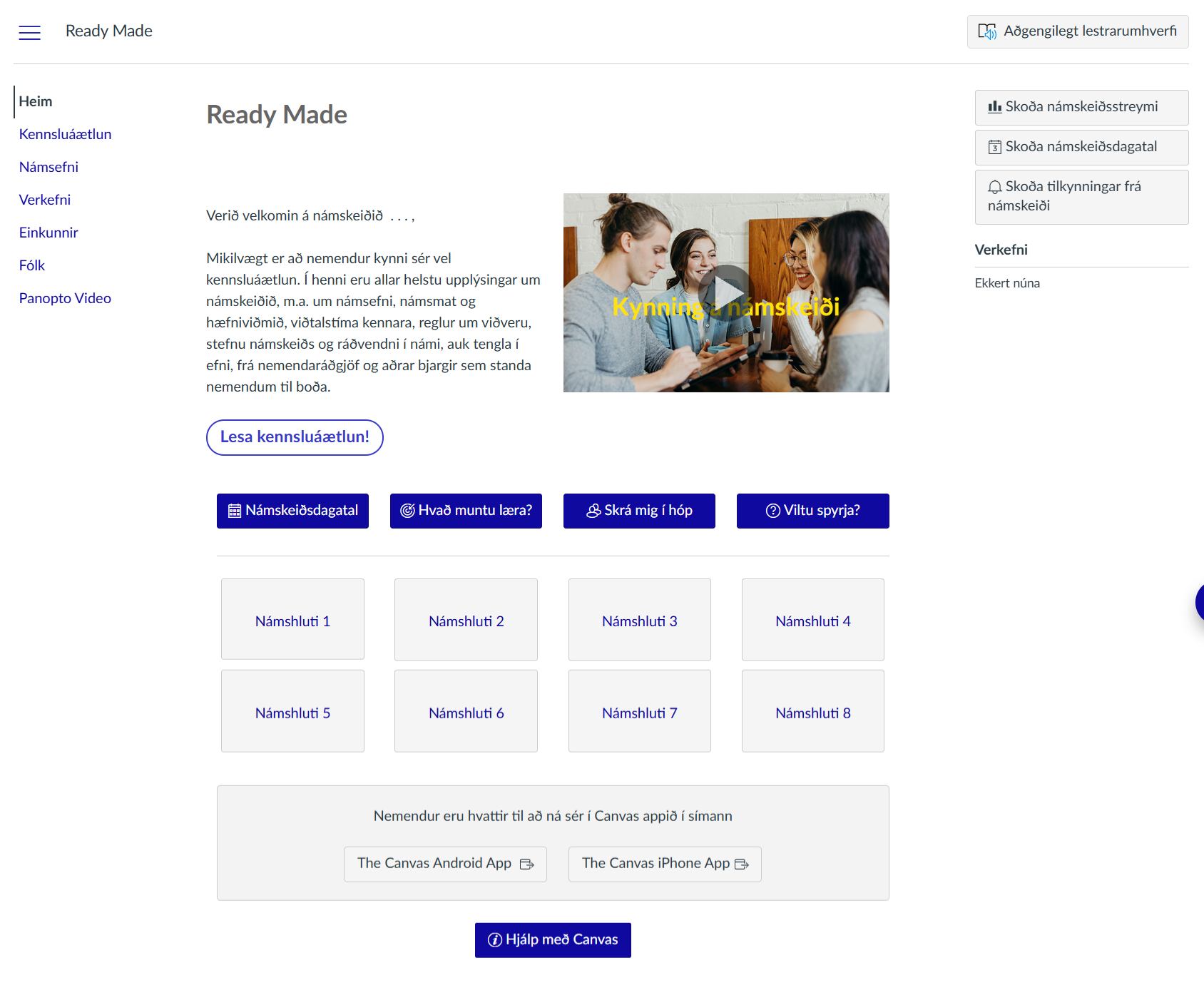 Dæmi sniðmát fyrir heimasíðu námskeiðs