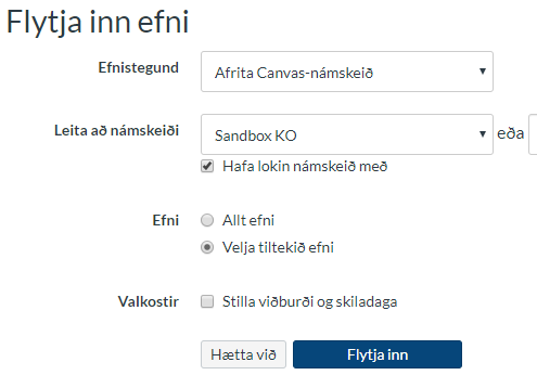 Flytja inn efni - afrita Canvas-námskeið