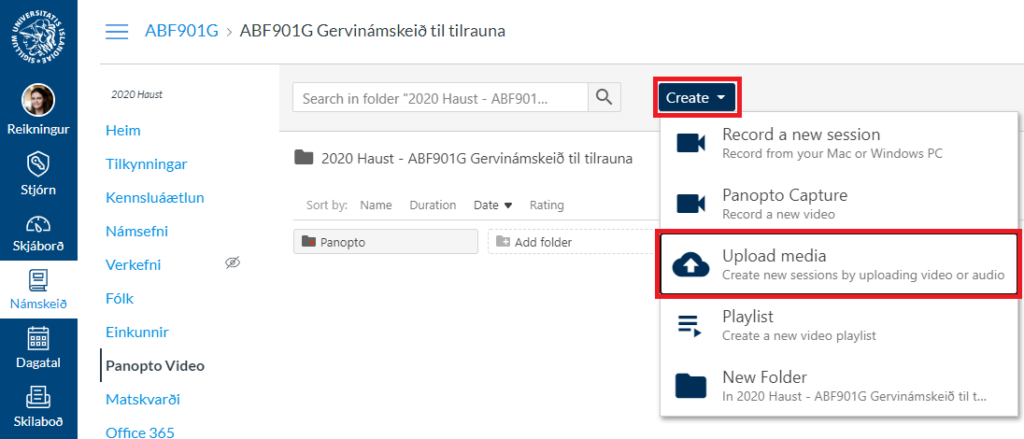 hlaða uppöku í Panopto