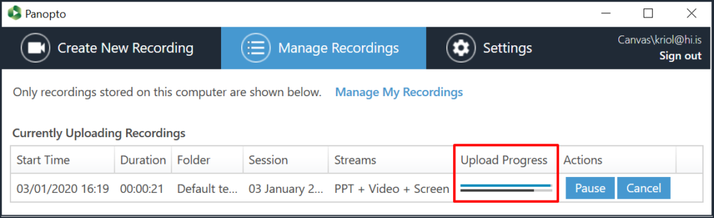 Panopto upload progress