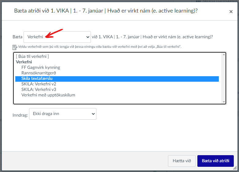 setja verkefni í einingu/námshluta