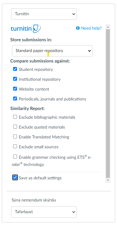 stillingar fyrir Turnitin