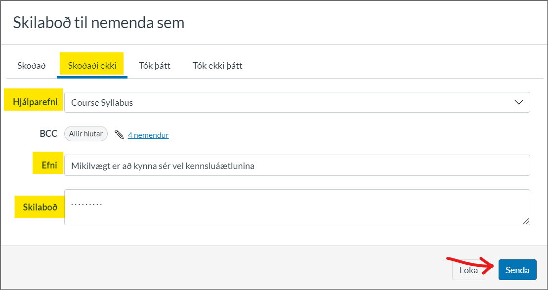 skilaboð til nemenda sem - þátttaka