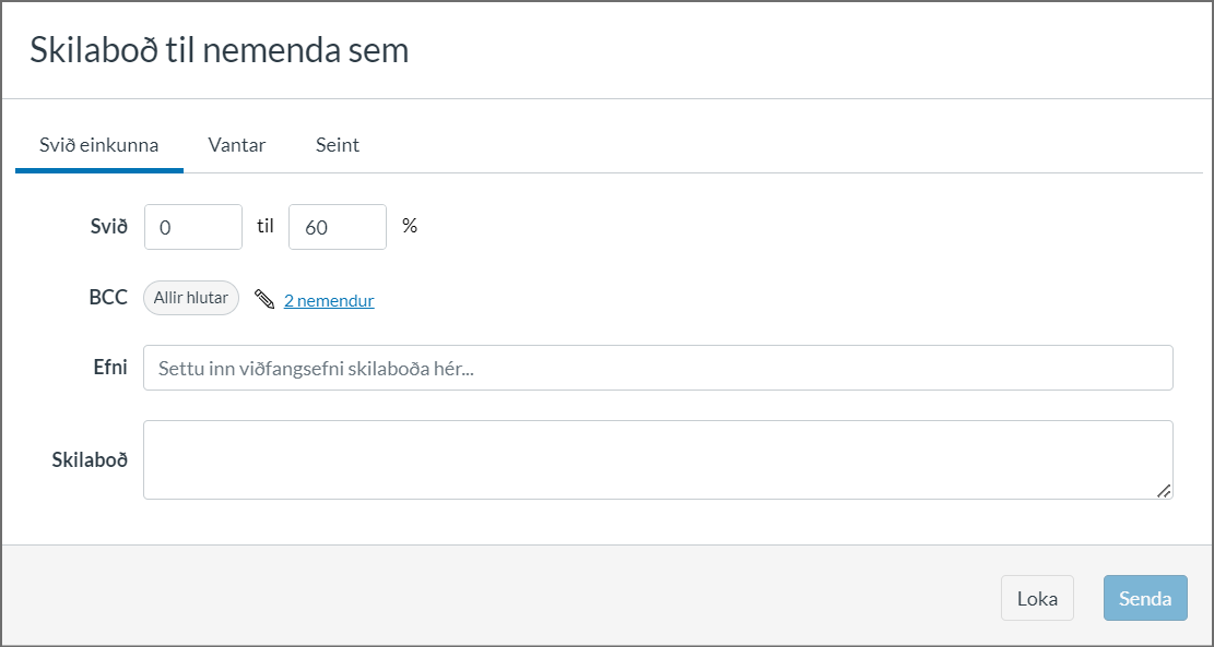 skilaboð út frá einkunn