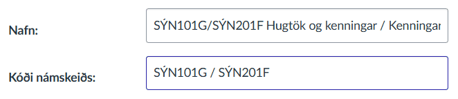 uppfæra heiti námskeiðs og númer