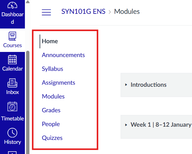 course menu student view