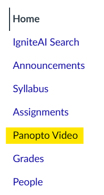 Course menu with Panopto Video